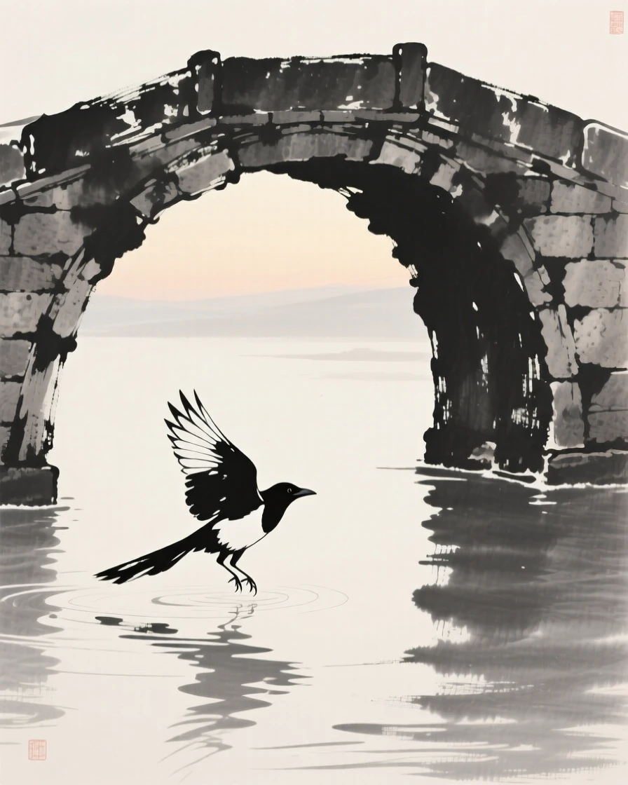 A magpie gliding low across the water's surface near an old stone bridge, silhouetted softly against the fading light, evoking grace, freedom, and quiet elegance.