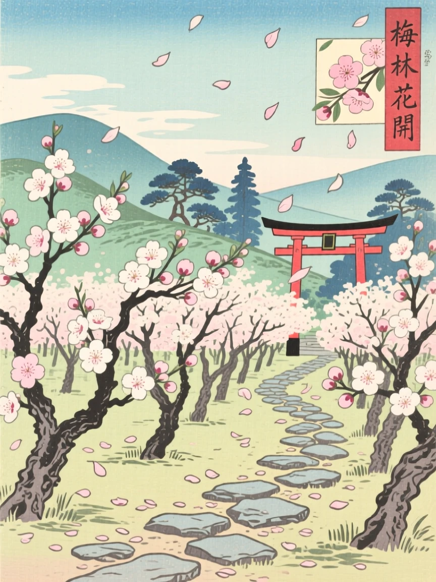 A blossoming plum orchard, dotted with drifting cherry blossom petals.