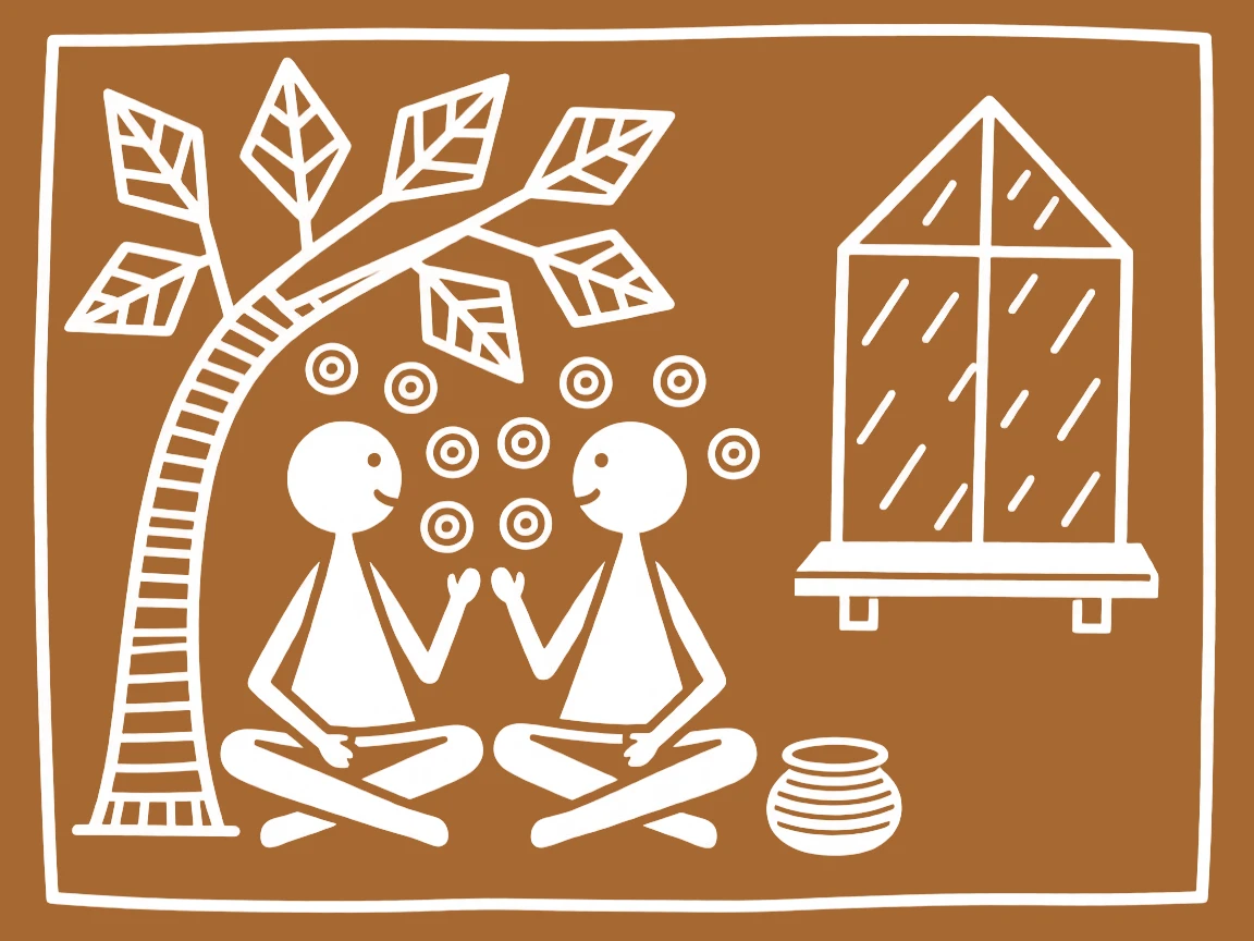Two best friends reuniting sitting together under a tree telling stories by a window during the monsoon.