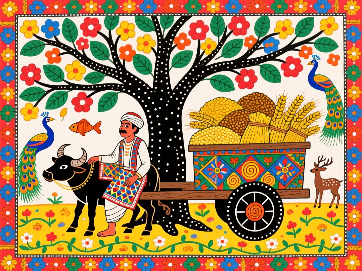 A farmer resting under a tree beside his cart piled with harvest.