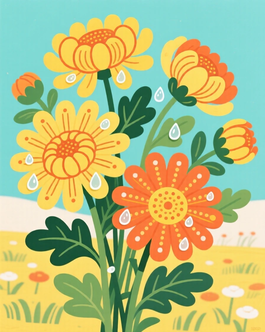 A close view of a bouquet of wild chrysanthemums with dew still clinging to the petals.