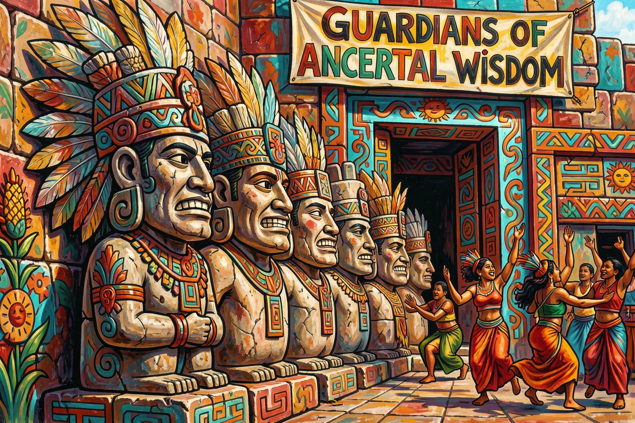 A row of stone statues guarding an ancient temple entrance