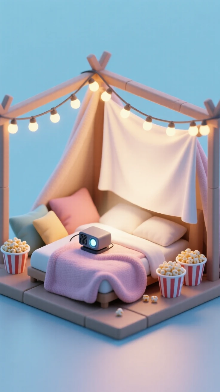 A cozy movie night setup with a blanket fort, popcorn bowls, fairy lights strung overhead, and a projector casting a glow on a bedsheet screen.