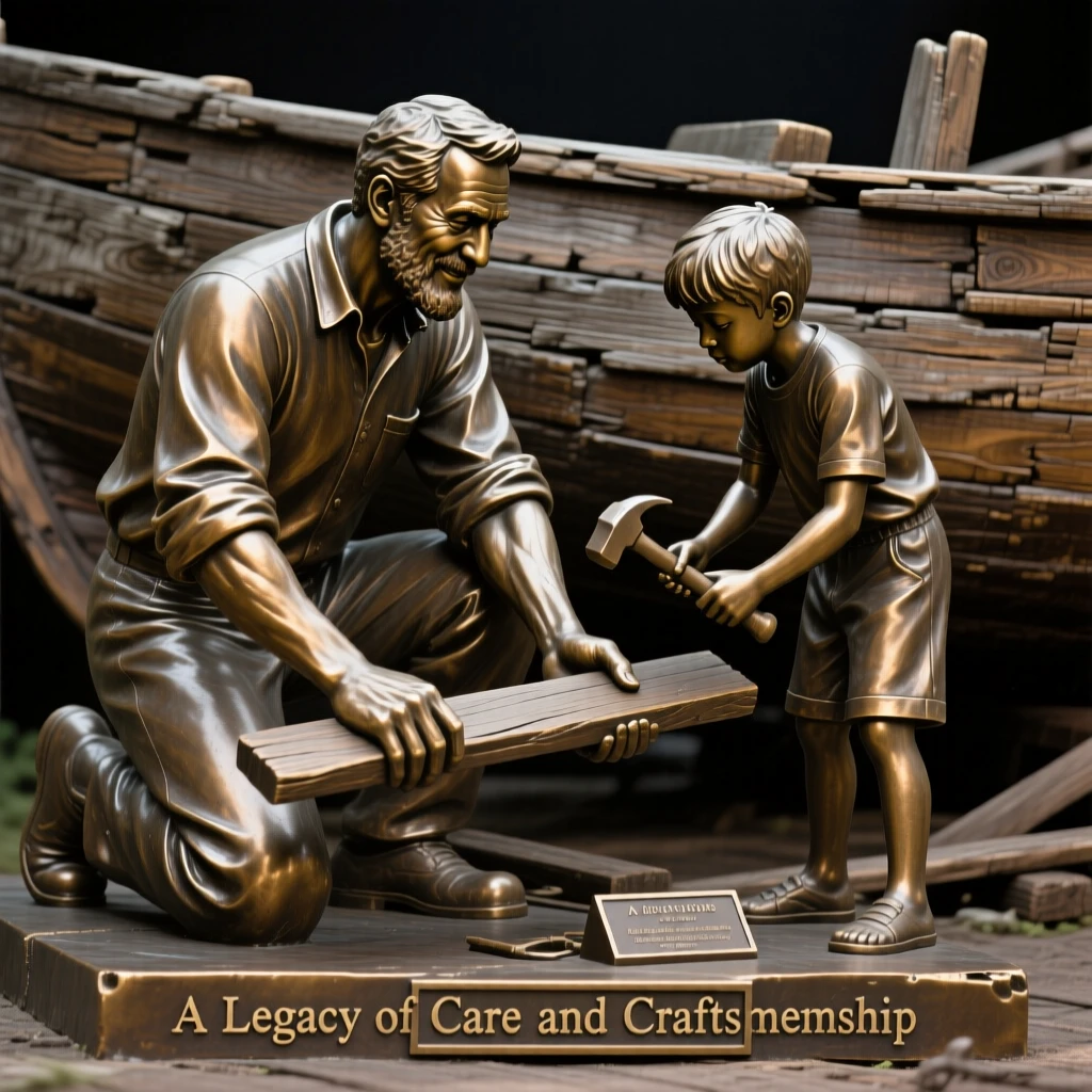 A father and son repairing an old wooden boat, in a moment of quiet triumph, forming a strong central focal point