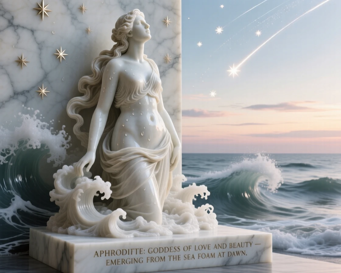 An epic scene of Aphrodite emerging from sea foam at dawn, under a sky filled with shooting stars, evoking myth and grandeur