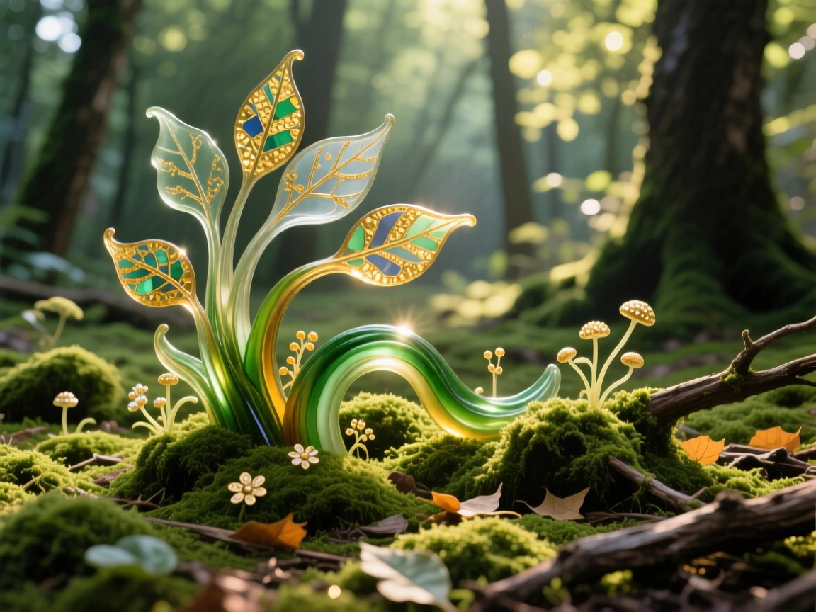 A quiet moss-covered forest floor dappled with soft sunlight, serene and lush.