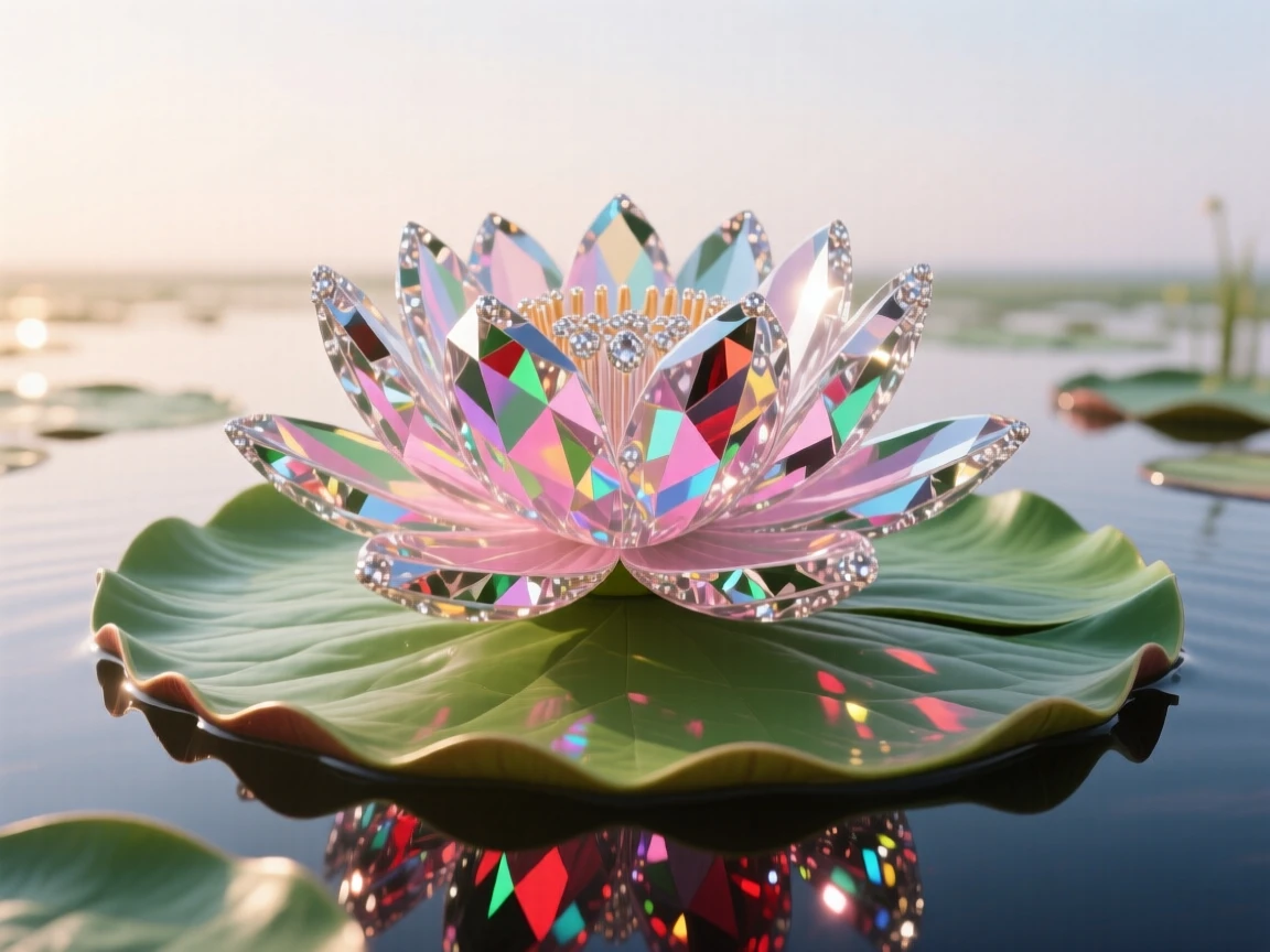 A giant Amazon water lily floating on a still jungle pond at dawn.