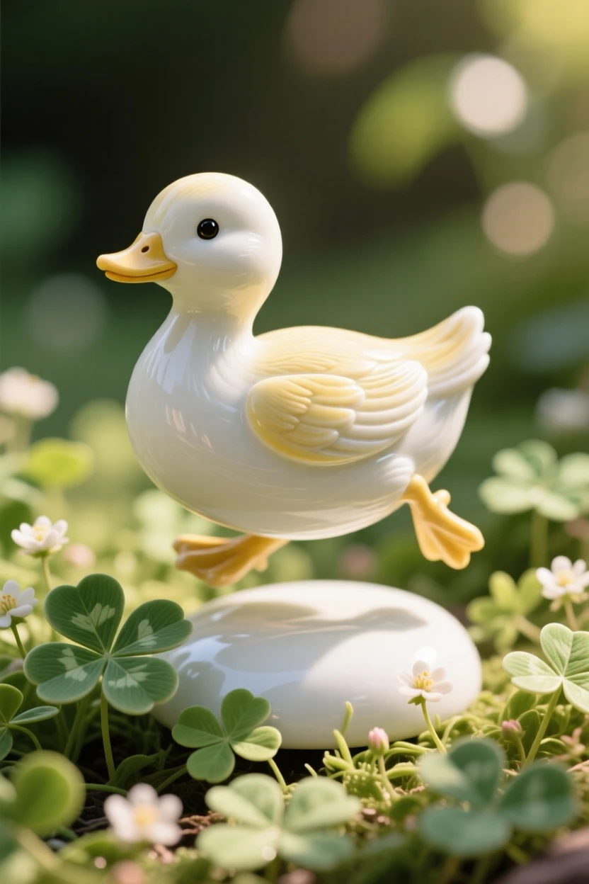 A tiny duckling hopping through a bed of clover, bathed in warm dappled sunlight.