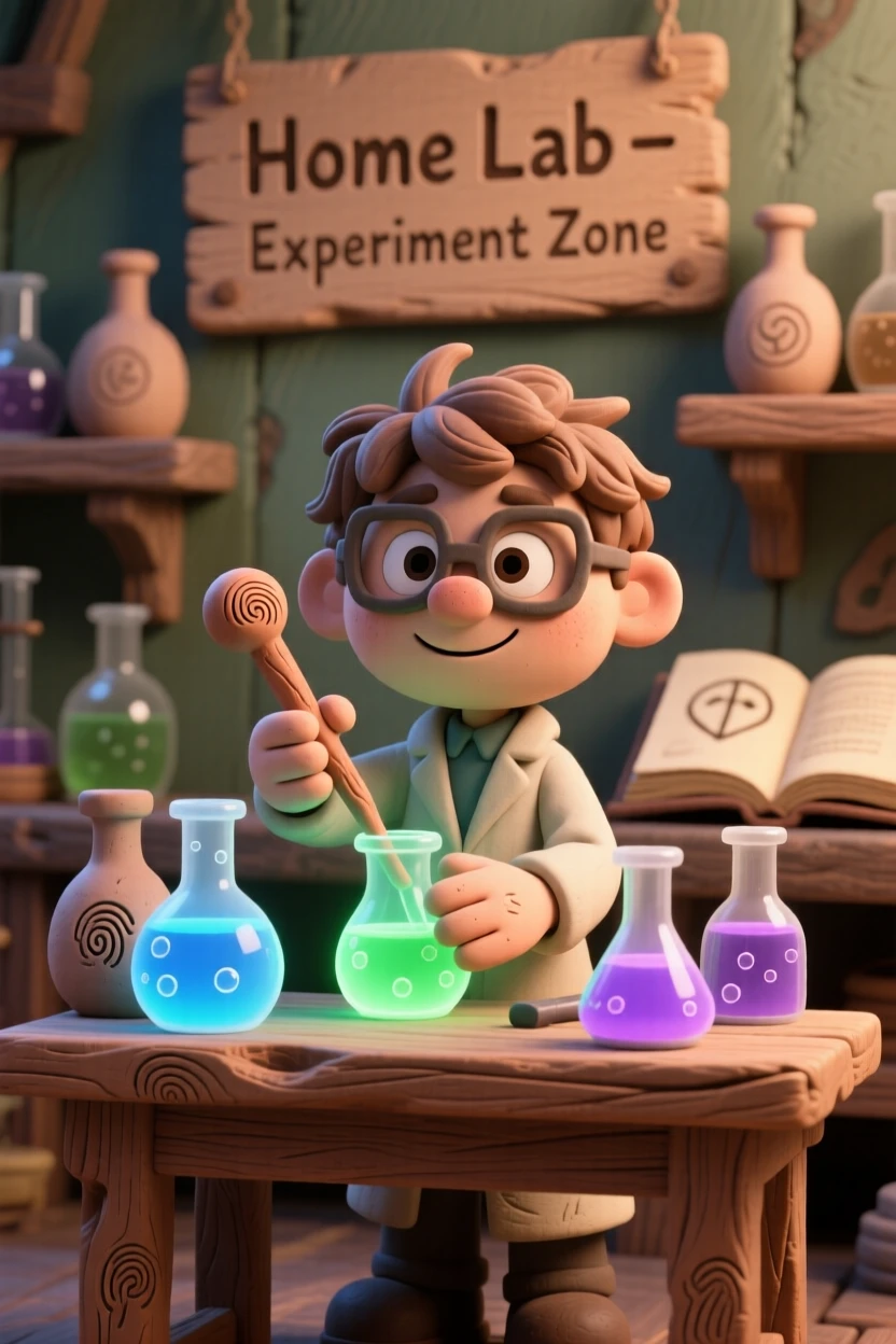 A young scientist mixing glowing potions in a home laboratory