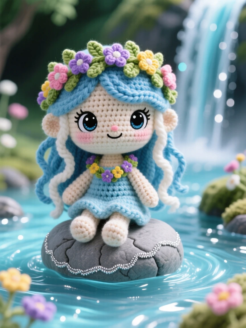 In a magical waterfall cascading into a glowing pool, a tiny river nymph with flowing hair like water is captured sitting on a smooth stone in a babbling brook, surrounded by a garland of woven wildflowers, filled with joyful mischief and sparkling delight.