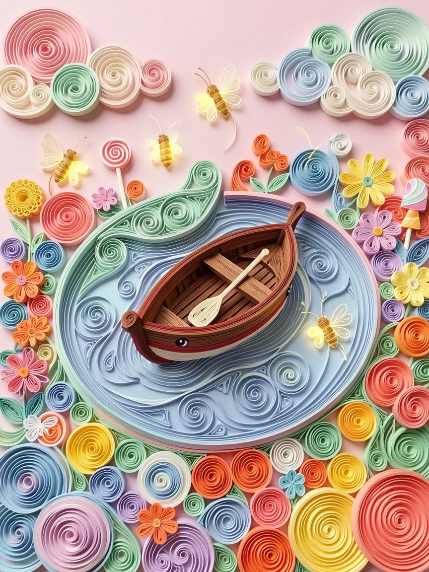A whimsical children's scene of a rowboat sailing across a pond shaped like a smiling whale in a candy-colored dreamland, with tiny glowing fireflies scattered about, composed with a friendly, inviting central focal point.