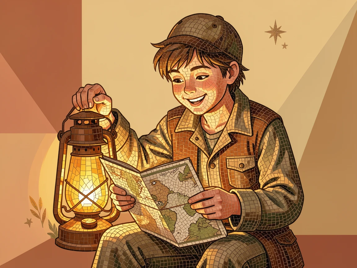A candid, joyful moment of a young explorer studying an old map by lantern light, captured with warm golden light.