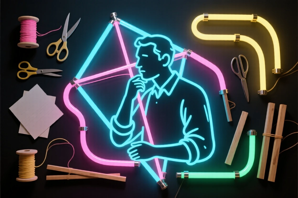 A kite maker pausing thoughtfully while surrounded by the tools of their trade.