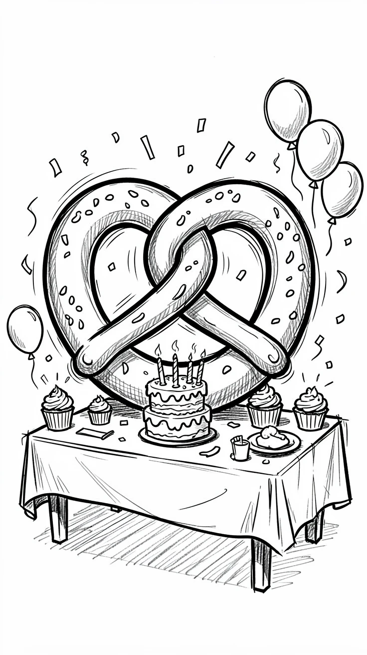 A giant pretzel on a table set for a birthday party.