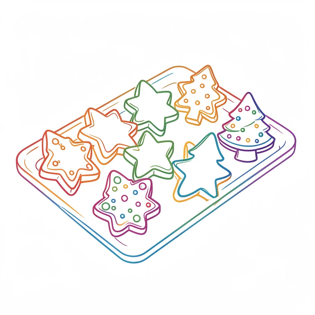 A tray of decorated holiday cookies shaped like stars and trees.