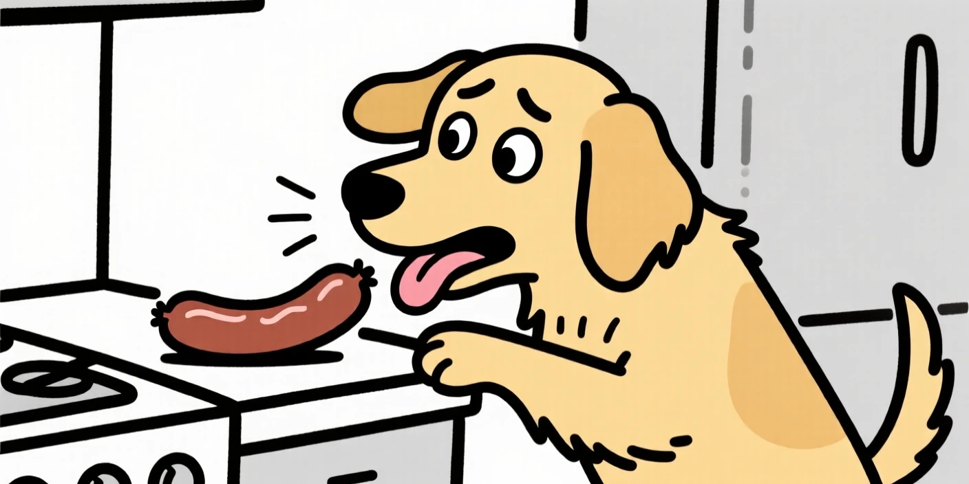 A golden retriever stealing a sausage off a kitchen counter, caught in the act.
