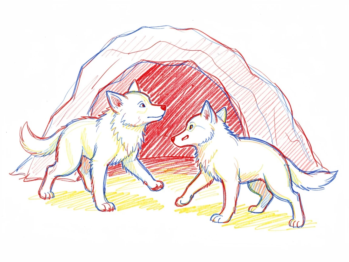 A wolf pup play-fighting with its siblings outside a den