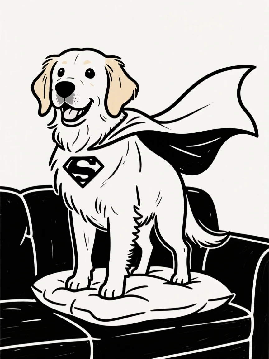 A golden retriever dressed in a superhero cape, standing heroically on a couch cushion.