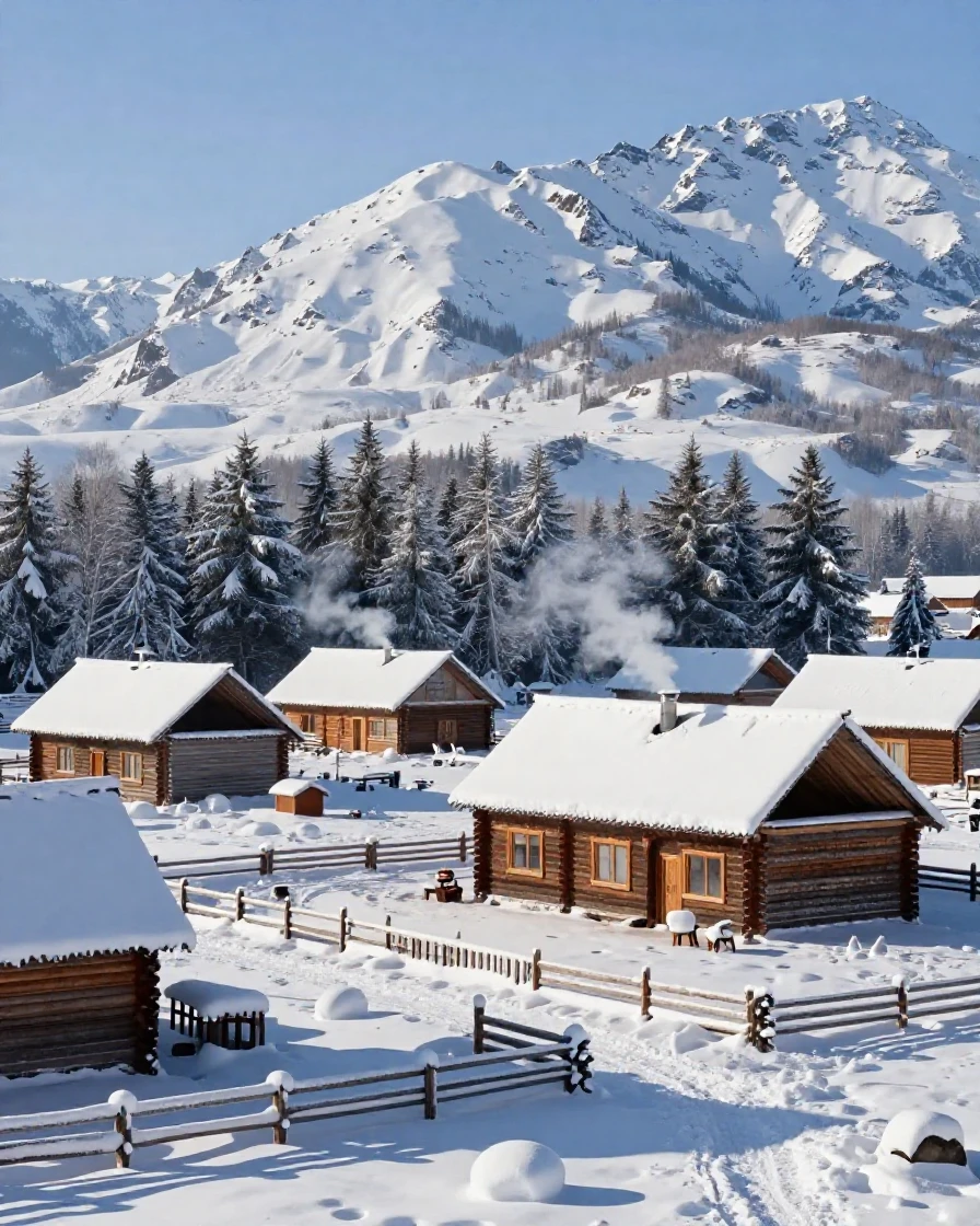 A snow-covered mountain village with smoke rising from chimneys