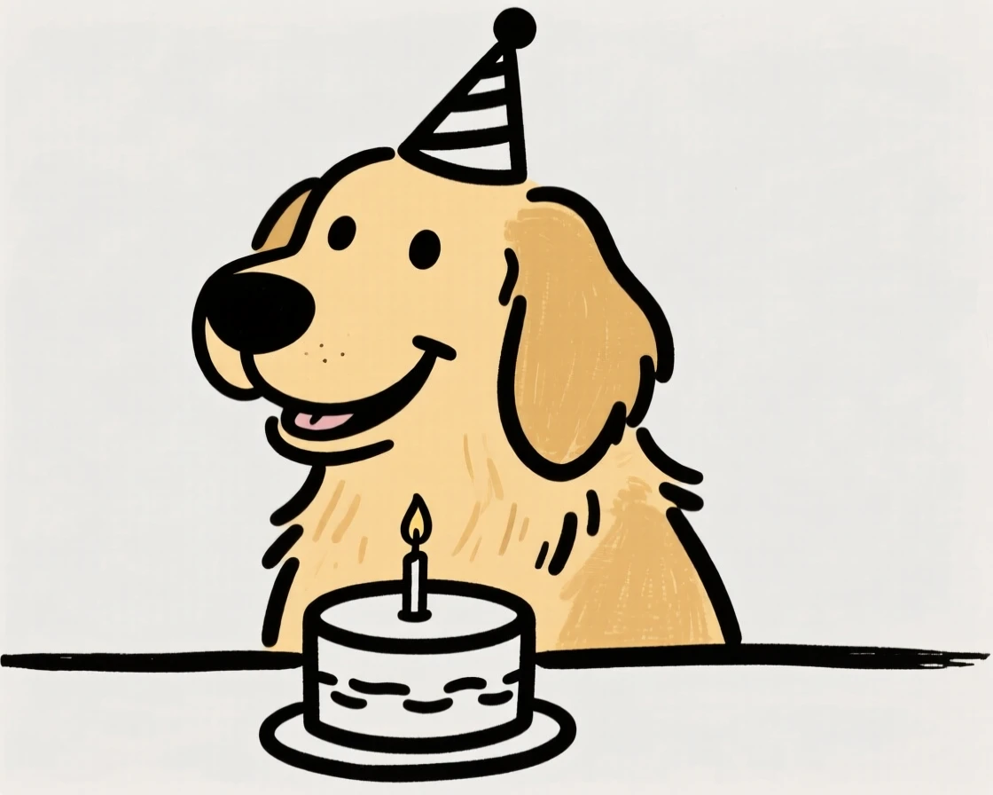 A golden retriever wearing a tiny birthday hat, sitting proudly in front of a small cake with one candle.