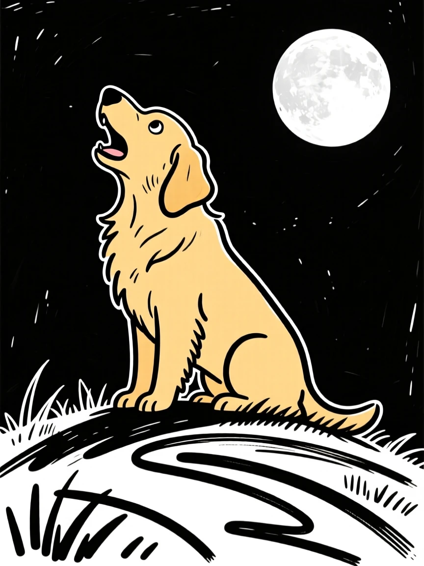 A golden retriever howling at a full moon from atop a grassy hill.