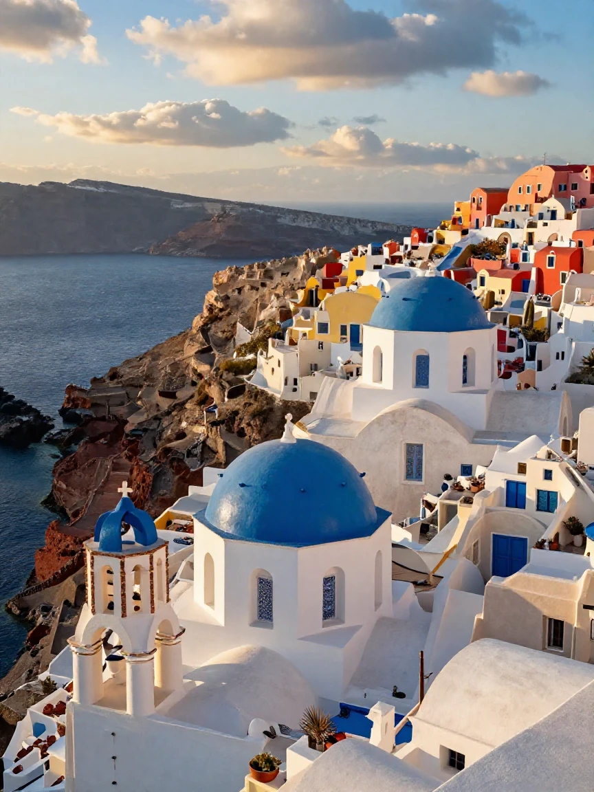 The colorful houses of Santorini cascading down cliffs above a deep blue sea