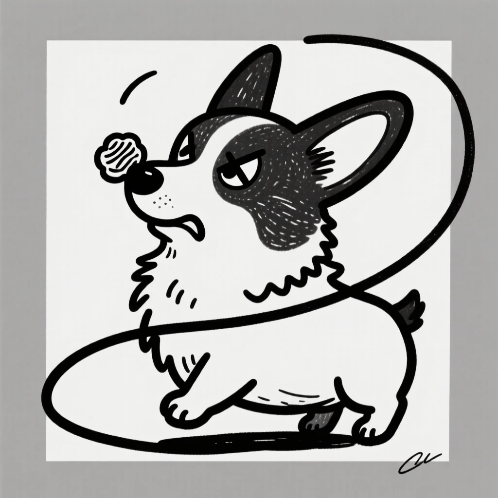 A fluffy corgi balancing a treat on its nose, eyes crossed in concentration.