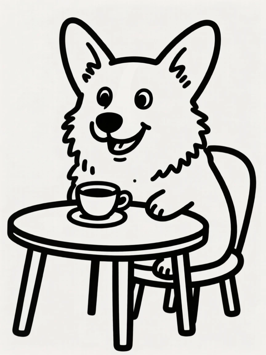 A fluffy corgi sitting at a tiny table with a teacup, having a pretend tea party.