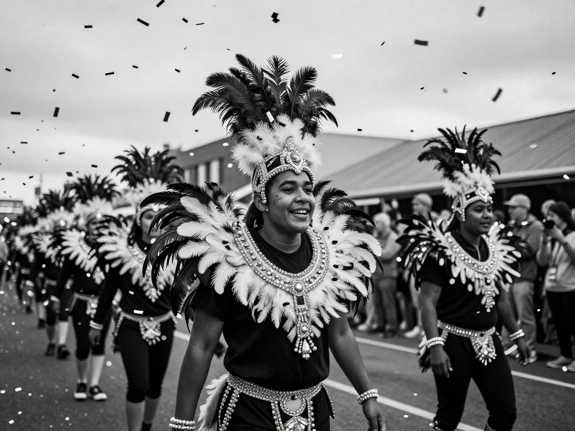 A group of carnival performers parade in elaborate feathered costumes beneath confetti-filled skies.