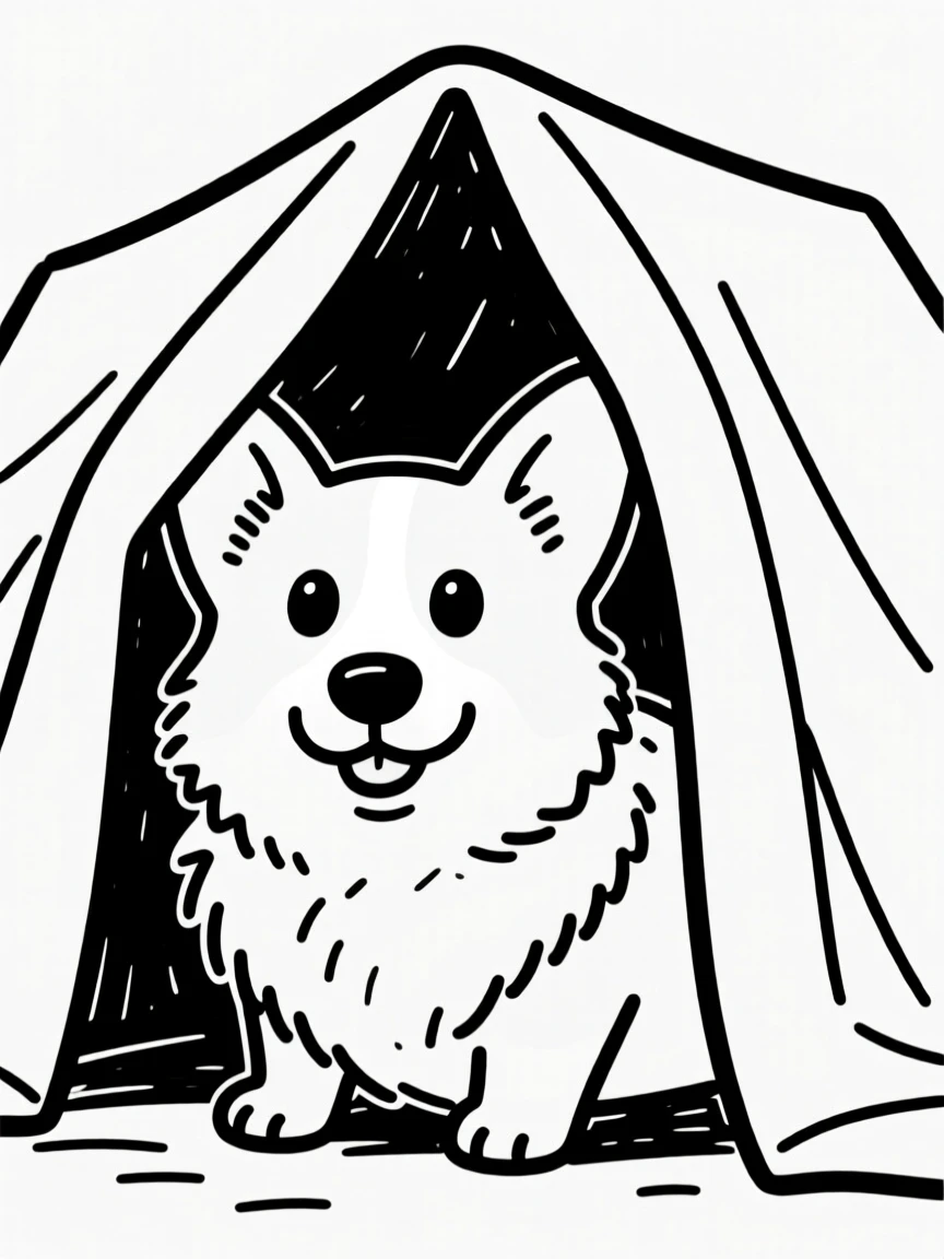 A fluffy corgi peeking out from under a blanket fort with only its nose and eyes showing.
