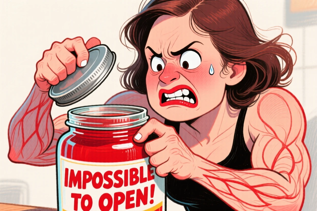 A woman trying to open a stubborn jar lid with all her strength, face turning red.