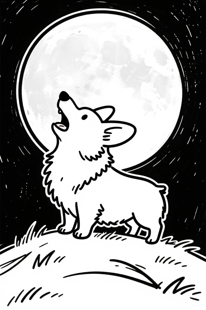 A fluffy corgi howling at a full moon from atop a grassy hill.