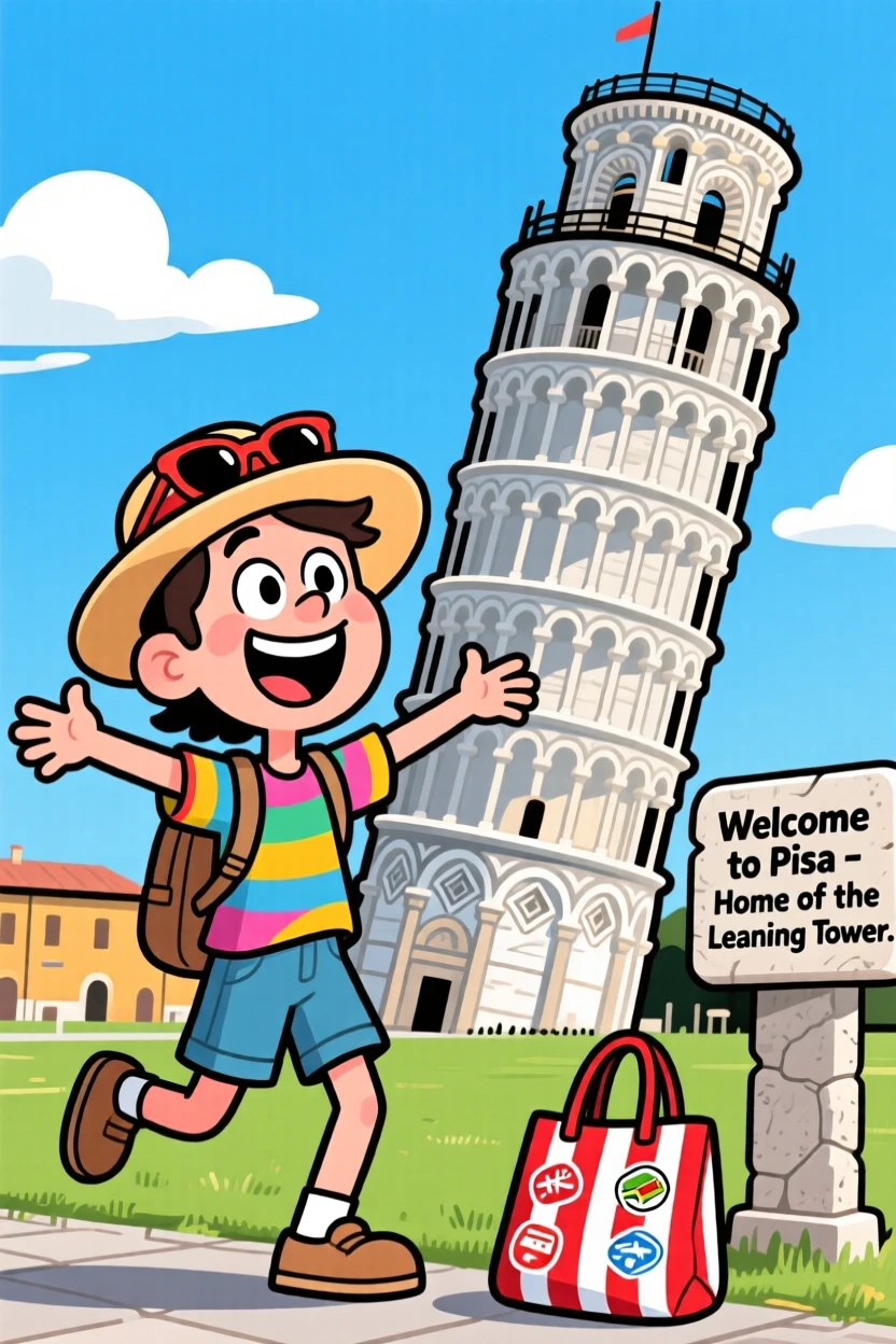 An iconic travel scene featuring a delighted tourist posing with arms stretched wide as if holding up the Leaning Tower of Pisa.