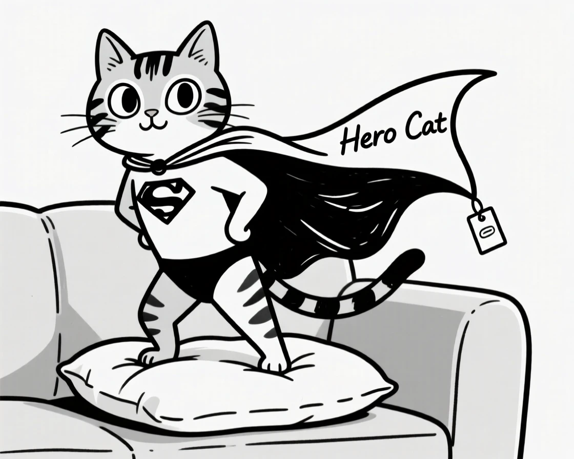 A tabby cat dressed in a superhero cape, standing heroically on a couch cushion.