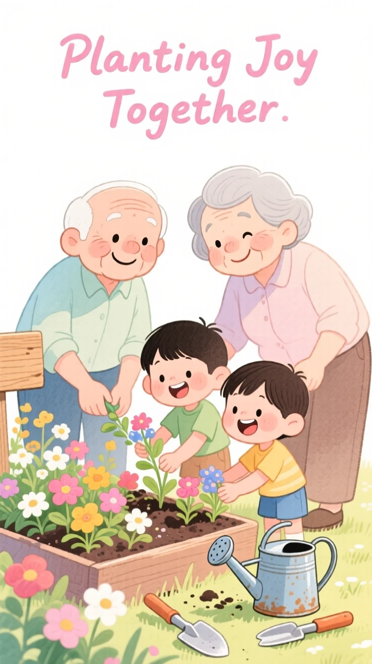 Grandparents with their grandchildren planting flowers in a sunny backyard garden