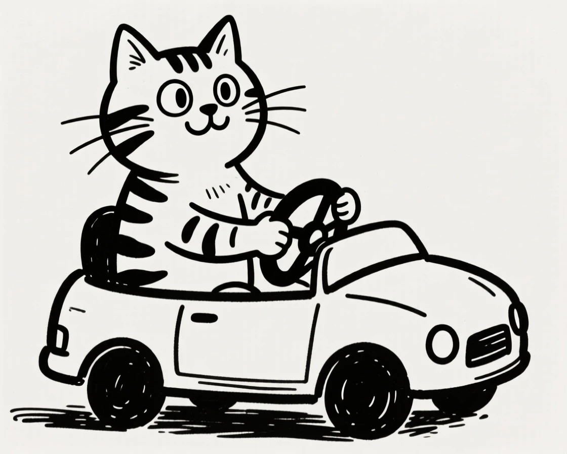 A tabby cat sitting in the driver's seat of a toy car, paws on the wheel.