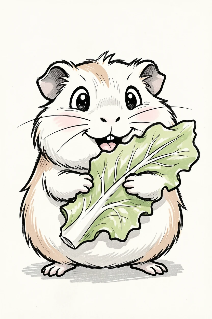 [Cute Animals & Pets] Adorable scene of a chubby guinea pig munching on a piece of lettuce, bursting with charm and playful energy