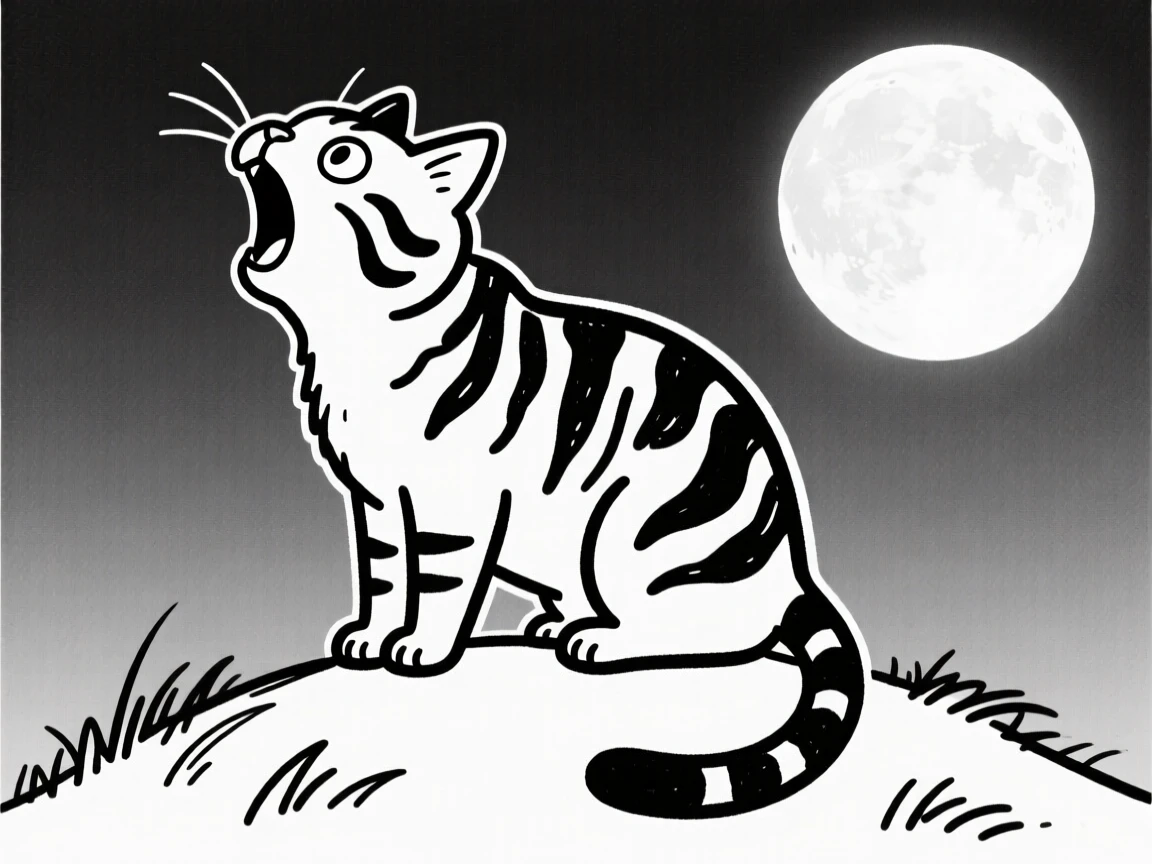 A tabby cat howling at a full moon from atop a grassy hill.