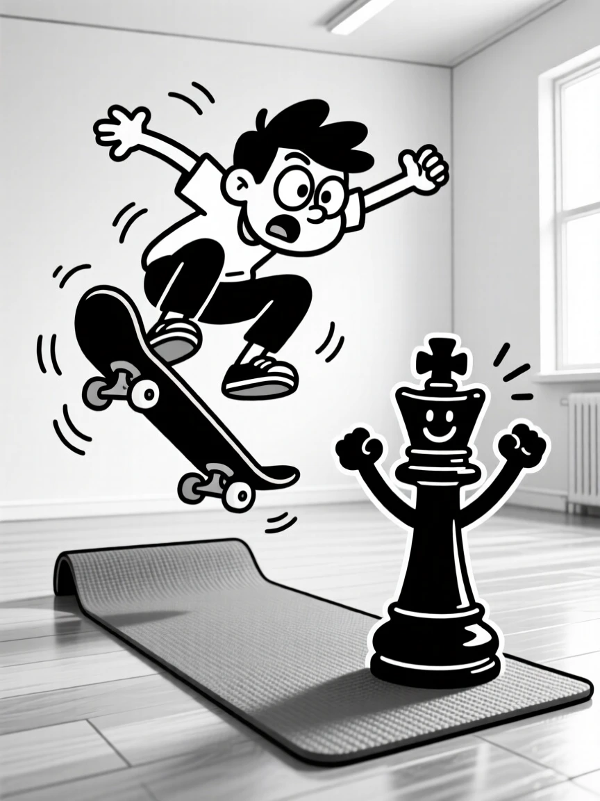 A skateboarder frozen mid-air after a botched trick, leaning into the screen as if that alone might win the game, set on a yoga mat in a tranquil studio. A captured chess piece sits triumphantly to the side. There's pure, giddy passion radiating from the scene.