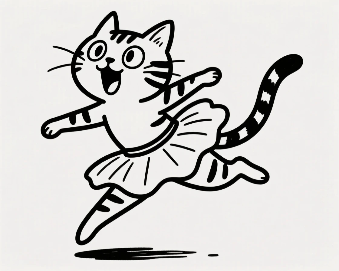 A tabby cat wearing a tutu, mid-leap as if dancing ballet.