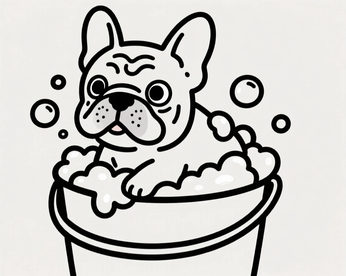 A French bulldog getting a bath in a bucket, covered in soap bubbles.