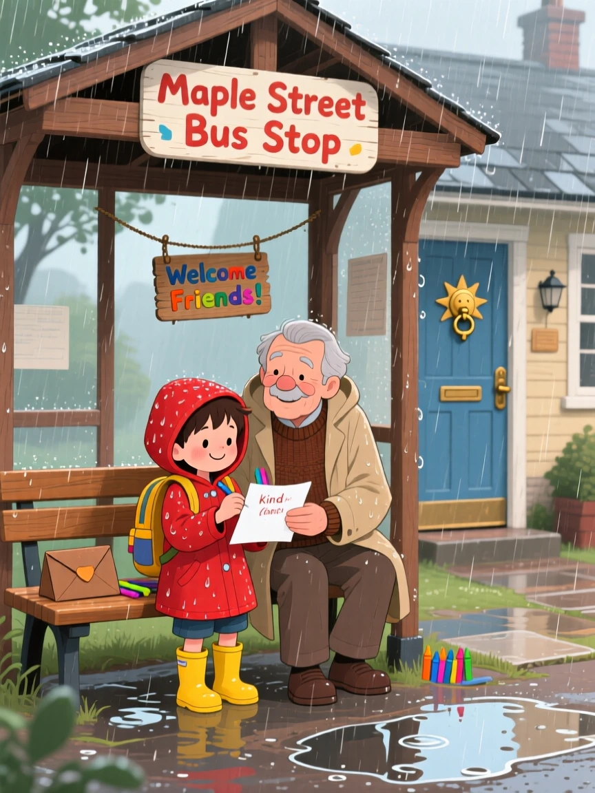A boy and his grandfather share a tender moment writing a kind note and leaving it on a doorstep in a rainy bus stop, as a new friendship quietly begins.