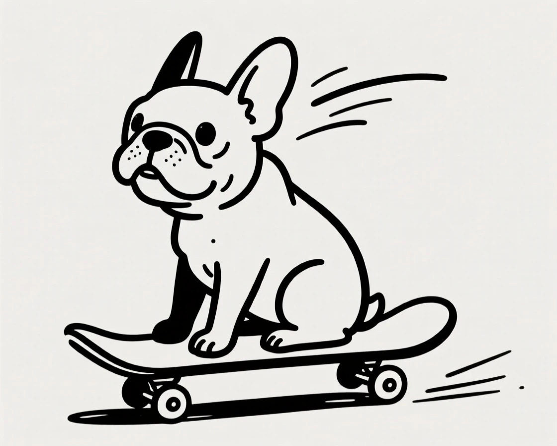A French bulldog sitting on a skateboard mid-roll, ears flying back.