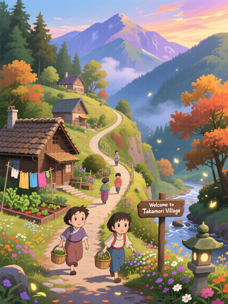 A scenic view of a mountain village reached only by a winding switchback road, with distant mountains framing the skyline.