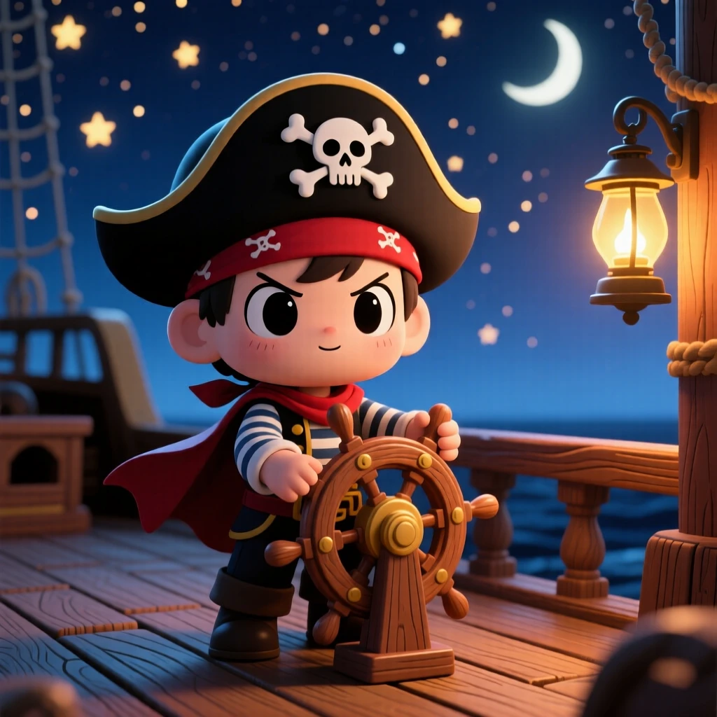 A small pirate captain steering a toy-sized ship's wheel with determination in the deck of a wooden pirate ship under a starry midsummer night sky; warm lamplight washes over the scene as triumphant pride fills the moment. Silhouette composition.