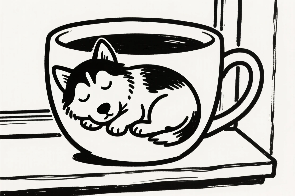 A husky puppy curled up asleep inside a giant coffee mug on a windowsill.