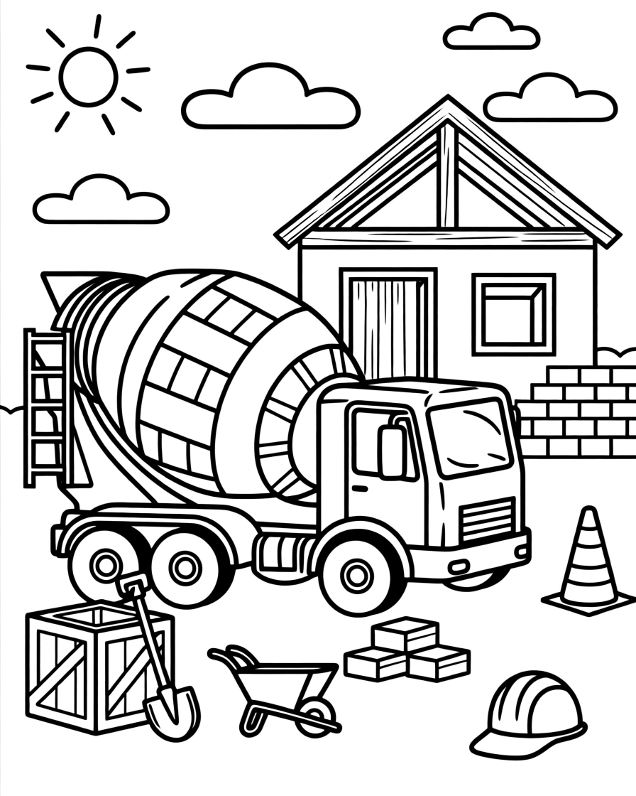 A cement mixer truck spinning its drum at a building site