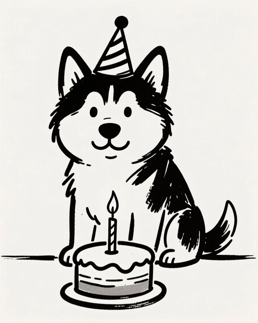 A husky puppy wearing a tiny birthday hat, sitting proudly in front of a small cake with one candle.