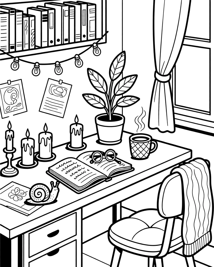 A study desk covered in a journal, candles, and fairy lights, with a small snail resting on a nearby stem.