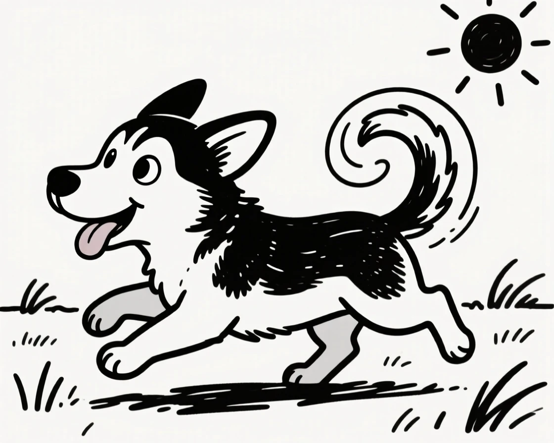 A husky puppy chasing its own tail in a sunny backyard, ears flopping mid-spin.